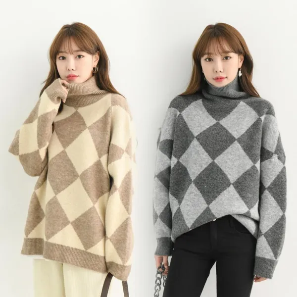 chicme 시크미 여성 아가일 니트 스웨터 목폴라 터틀넥 티셔츠 니트목폴라