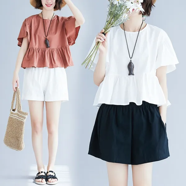 패션이루 숏 미시 프릴 블라우스 반팔 여름 캐주얼 루즈핏 여성