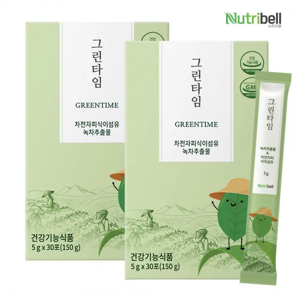 뉴트리벨 그린타임 쾌변 보조식품 녹차추출물 차전자피 식이섬유 다이어트 기능성 5g 30포, 02.2박스