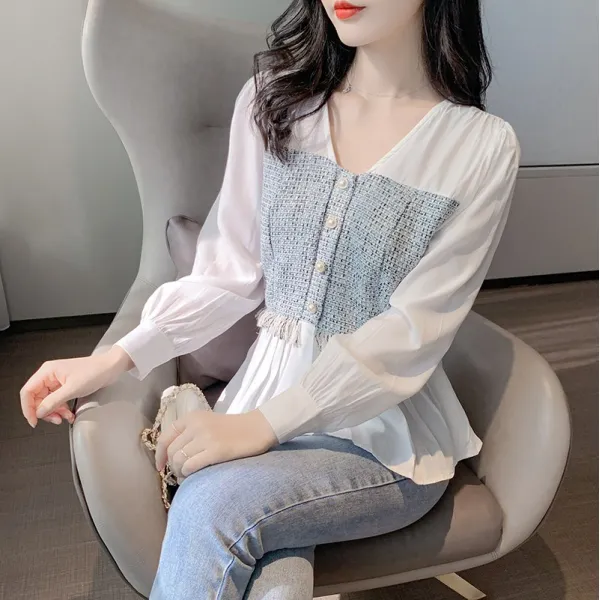 셔츠 여성 홍콩미 가을옷 V넥 시폰 패치 디자인감 치맛자락 개성화 긴소매 상의