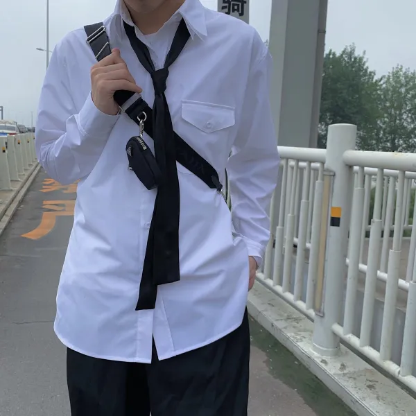 라라랜드 긴소매셔츠원피스 Walkindark 가리키다 장인 정 손질 학원 무드 넥타이 남자타입 화이트블라우스 커플룩