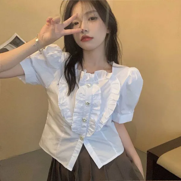 프렌치넥 상의 화이트 블라우스 여성 디자인 쁘띠 프렌치카라 버블담그다