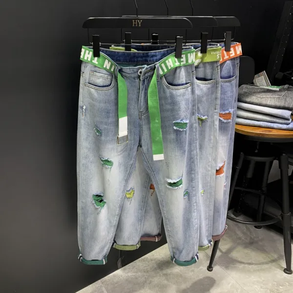봄여름 연청 데님 남 9부 얇고 흐르는 와이드 쪽발 캐주얼 대미지 팬츠