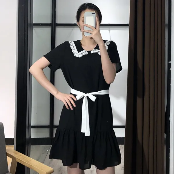 하오타오 레이스원피스 식체 점풍 칸 플랫카라 레이스 장식 페플럼 블랙 원피스