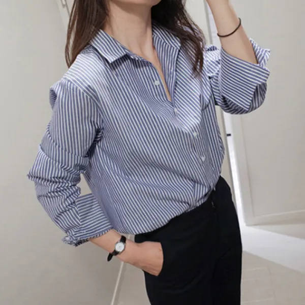 춘복 블루 스트라이프 블라우스 여긴소매 루즈핏 셔츠 디자인 감복기 상의