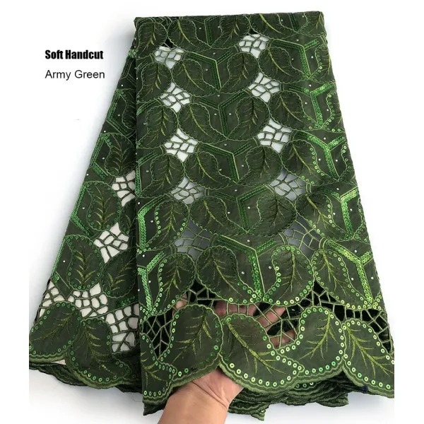5 야드 육군 녹색 소프트 handcut organza 레이스 컷 아웃 holed 아프리카 큰 레이스 원단과 스팽글 나이지리아 봉제 착