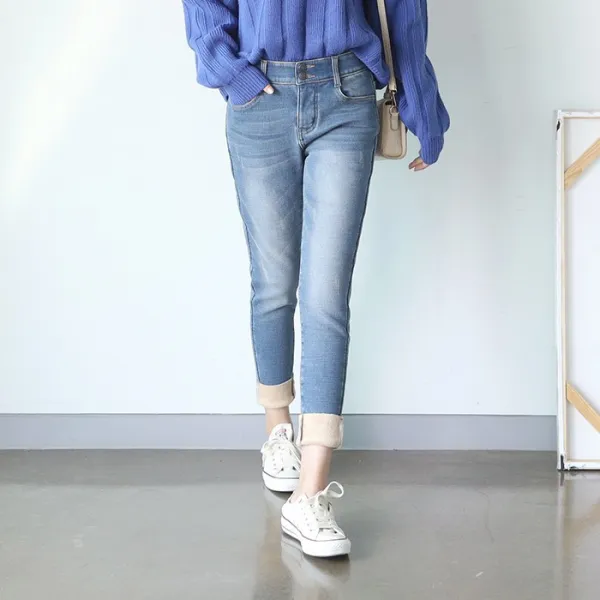 마이너스2인치 여성 내열융털 블루 군살커버 반하이웨스트 투버튼 시크릿밴딩 데님팬츠