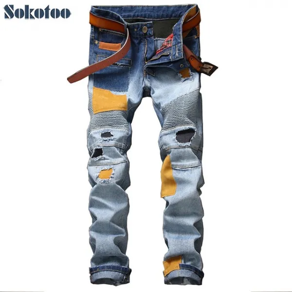 Sokotoo 남성 캐주얼 패치 구멍 찢어진 바이커 청바지 모토 패션 Pleated 패치 워크 슬림 스트레이트 데님 바지 롱 바지