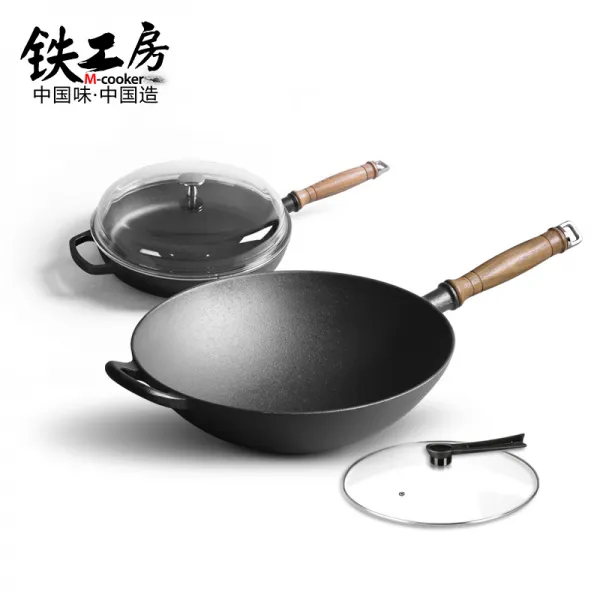 냄비세트 냄비도구 세트포장 가정용 달라붙지않는팬 호두나무 철재 중국팬 평평한바닥 후라이드팬 주방 조합 투피스, T02-31cm둥글게 볶다(유리뚜껑)+28cm후라이드팬, 기본