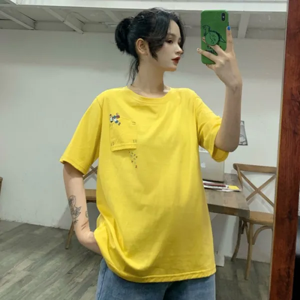 블랙바바 여성 라운드넥 롱 반팔 티셔츠a19052882