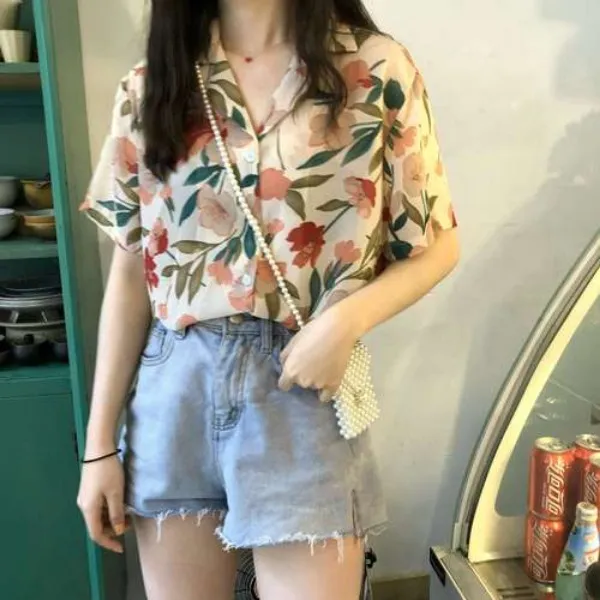 가바바 여성 블라우스 사실적 꽃그림 포인트 데일리 여름 G36766