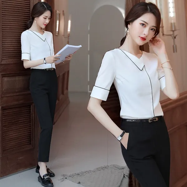 스마트셀러 크래플 반팔 블라우스 비지니스 와일드 여성 셔츠