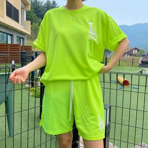 [멸치쇼핑]남자 여름 오버핏 트레이닝 커플 5부반바지 세트 5컬러, 오렌지/FREE