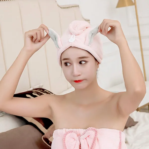 도톰하고 귀여운 토끼 헤어드라이 타월, 핑크, 1개