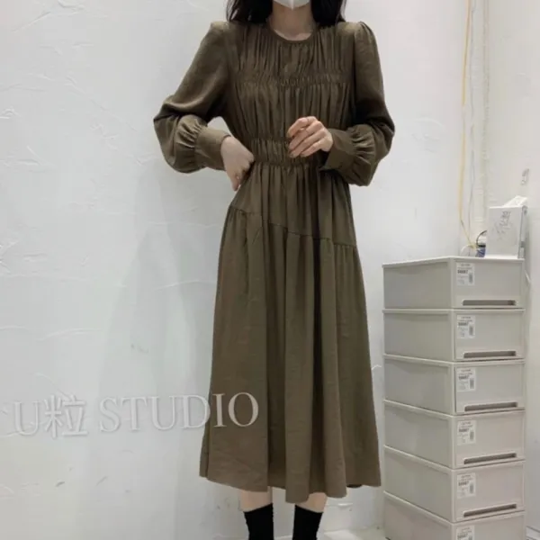 동상이몽 류이서 셔링 주름 라운드넥 롱 원피스 파티 룩 여성