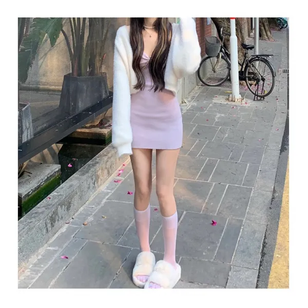 홀터넥드레스 지나치게 아양을 떨다 바다 토란 봄옷 나비넥타이 니트 로맨스 보라색 봄계절 작은 키 4568008552