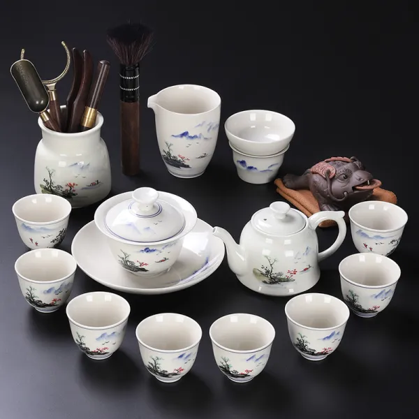 문스토어 Moon스토어 도자기다기세트 농구 복권 페인팅 국유 회차 심플 궁푸차 풀 티 뚜껑공기 다관 13 헤드 페인팅 산수풍경 초목회 _