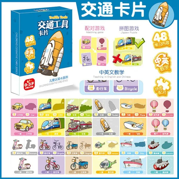 두꺼운 방수 갈기갈기 찢어지지 않다 조기교육 식자 카드 편 인지 기억 게임 공부 스터디 지능계발 완구, 교통 도구 인지 카드