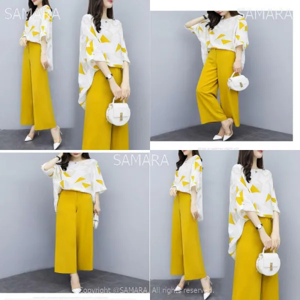 Qterra 특허브랜드 여름캐주얼 와이드팬츠 여성 루즈핏쉬폰블라우스 세트