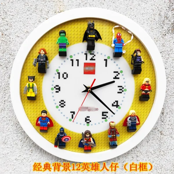 미니 레고 피규어 벽시계 블록 장식 벽시계 라운드 12인치 음소거 어린이방 장식 벽시계 아이방 레고조립 벽시계, 클래식 배경 12 영웅 미니 피겨 (흰색 프레임)