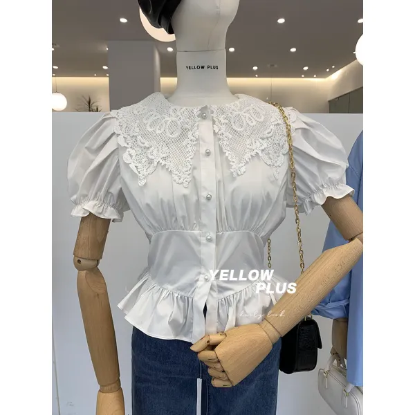 7꺾다 바꾸지 않다 더블레이어 스티치 펀칭 플랫카라 벌룬소매 허리보정 보여 슬림 숏 와이셔츠 71175