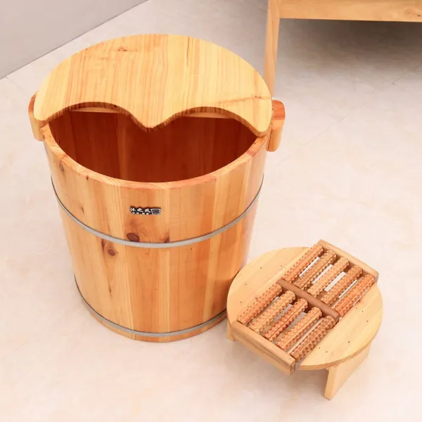 간이 가정용 습식 원형 편백나무 히노끼 족욕기 족욕통 40cm 나무통+반원커버+마사지 바퀴의자개