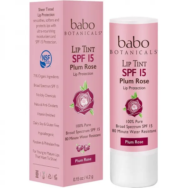 Babo Botanicals 70 + % 유기 색을 칠한 무기물 입술 조절기 SPF 15 물 저항하는 입술 크림 자두 로즈-, 1
