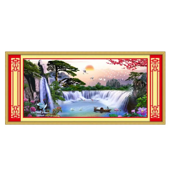 무지개 강물 십자수 폭포 풍경화 태양 diy 거실 액자, E.미디엄 삼줄 자수 150x65CM 면실 프린트, E.미디엄 삼줄 자수 150x65CM 면실 프린트