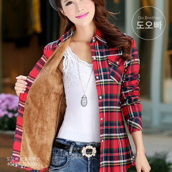 도오빠 빅사이즈 여성 남방 체크 셔츠 롱셔츠 겨울 기모 안감 여자남방 블라우스 빅사이즈셔츠 긴팔 인기템 20대 30대 40대 패션 데일리 캐주얼