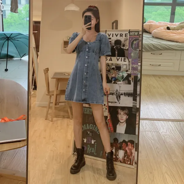 인싸템 같은스타일 여성 여름 프레이치 볼품 여자 신통력 A라인 스퀘어넥 벌룬소매