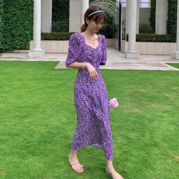 자라 Zara 스타일 현아 스퀘어넥 보라색 플라워 여름 원피스