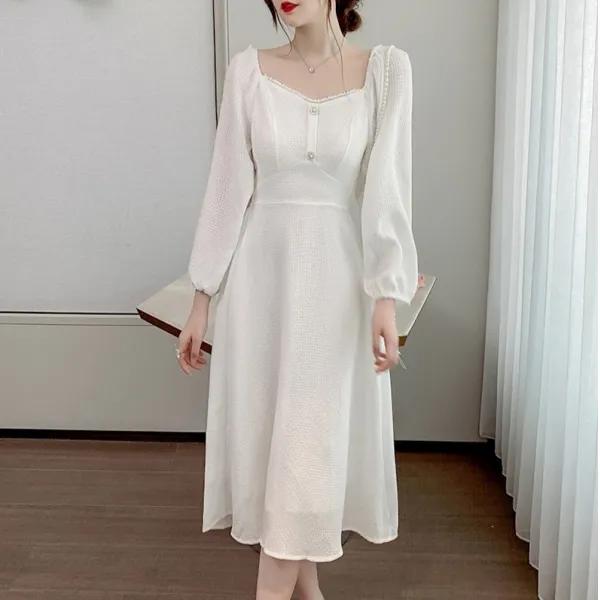 소피하암 소매퍼프원피스 프레이치 볼품 여자 신통력 봄가을 벌룬소매 허리보정 보여 슬림 솔리드 무지 긴팔 미디