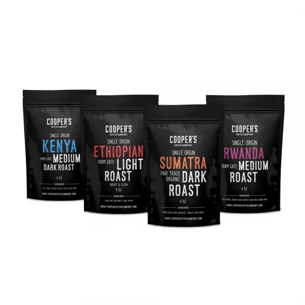 COOPER'S Cask Coffee 커피 샘플러 선물 세트 4 봉지 1 lb 총 농 수마트라 다크 케냐 AA 미디엄 다크 르완다 미디엄 자연 티오피아 미디엄 라이트, 선택, 상세설명참조