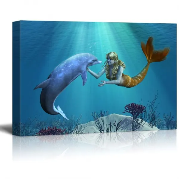 Visit the wall26 Store wall26 캔버스 인쇄 벽 예술 친절한 돌핀 접견 인어 해저 3D 디지털 회화와 함께, 상세페이지참조