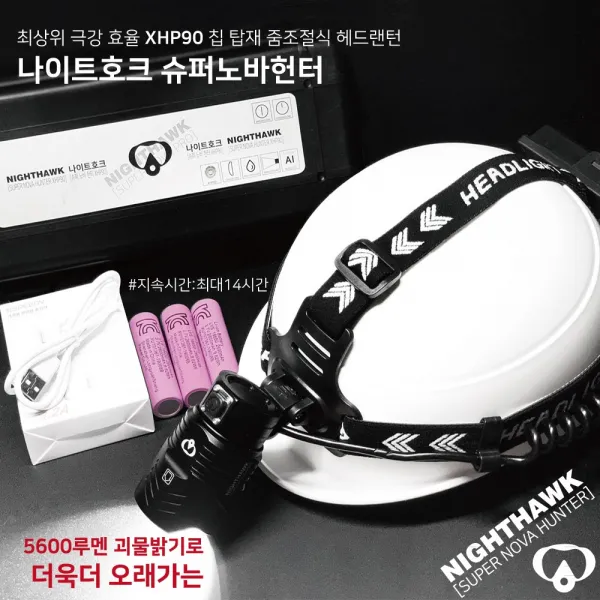 숨소리 나이트호크 슈퍼노바헌터 현존최강 줌조절식 초고성능 XHP90헤드랜턴, 기본구성+배터리추가없음
