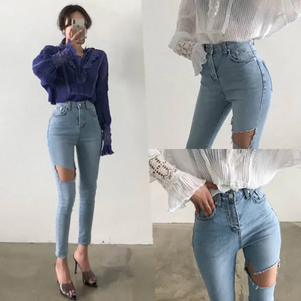 머머다 여성 하이웨스트 빈티지 스킨니 청바지 데님17 Iim17