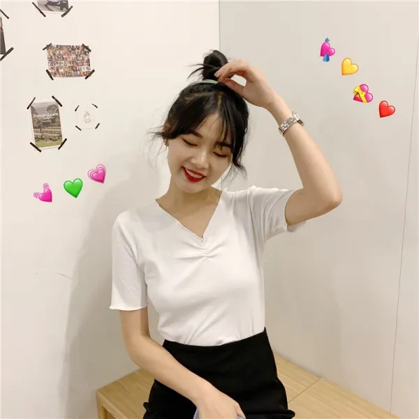 Zoneshop 여성셔츠 반팔티 여자 브이넥티 셔츠 빅사이즈x32
