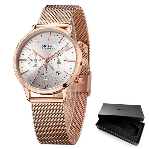 MEGIR 클래식 Chronograph 쿼츠 시계 여성을 위한 방수 조명 24시간 아날로그 철골 손목 시계 여자 레이디를 위하다.