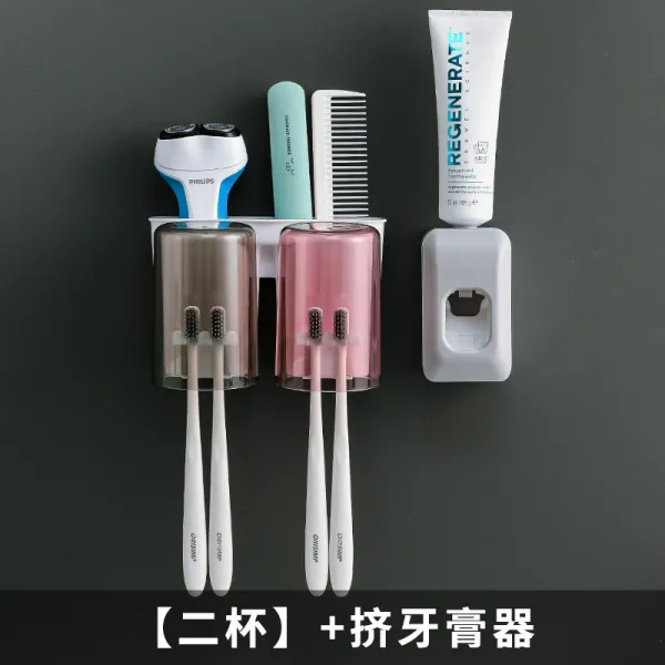 벽걸이 자동 치약 짜는 기계 컵 칫솔 홀더 클렌징 폼 면도기 칸 분리 정리 선반, 상세한사정, 2컵있음 치약을짜다