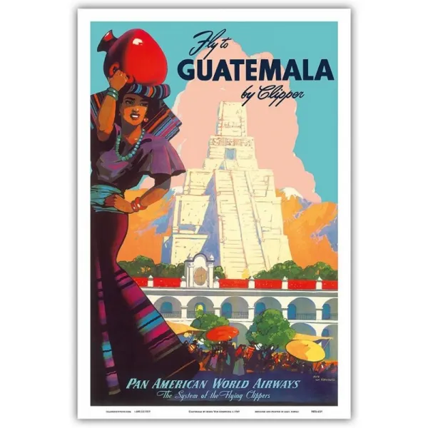 과테말라 By Clipper 팬아메리칸 월드 에어웨이즈 Tikal Mayan Mark Von Arranburg C.1949 마스 단일옵션