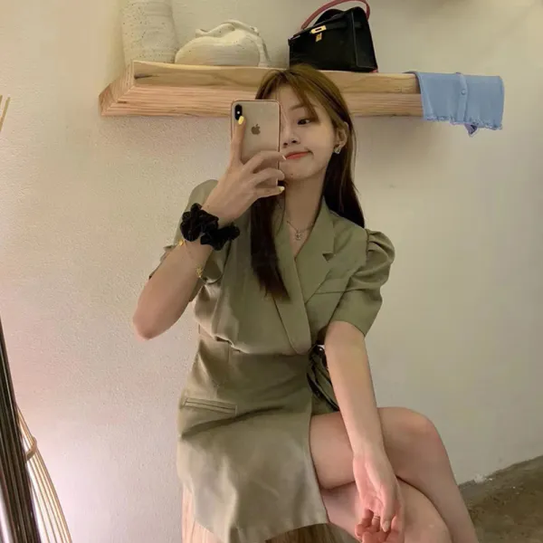 달콤하고 소금기가 있는 향풍 버블소매 정장 원피스 뉴썸머 부드러운 프렌치 디자인