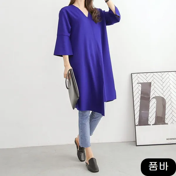 데일리룩 오버핏원피스 절개 언발 브이넥 소매프릴 러블리