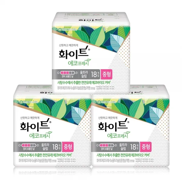 화이트 에코프레시 울트라슬림 날개 중형 생리대 18매 3팩