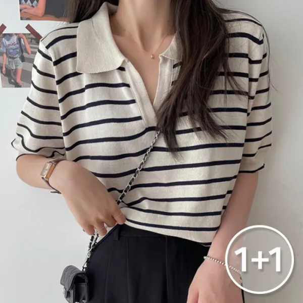 코코블랑 (1+1)카라슬릿 스트라이프니트