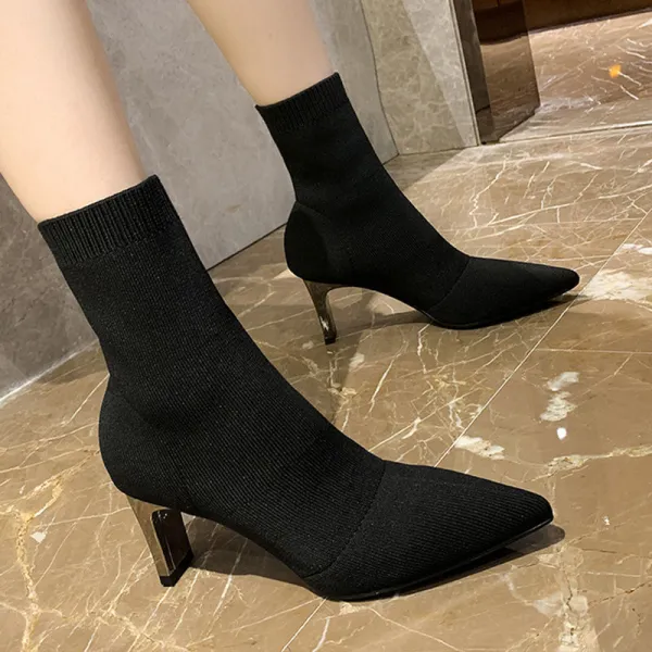 DFMEI.하이힐.High-heeled shoes.니트부츠 여스판 미들부츠 추동부츠 신상 슬림부츠 앵클부츠 뾰족앞굽이 굵다