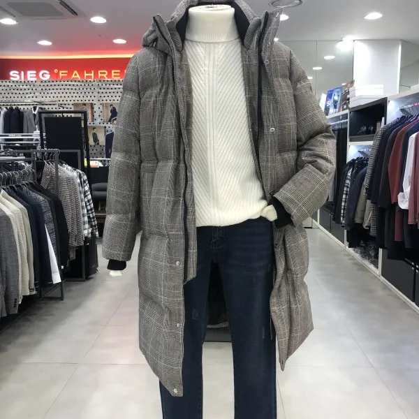 지이크 F 18F/W 캐쥬얼 스판 구스다운 브라운 체크 롱패딩 점퍼 (FWDJY6508)