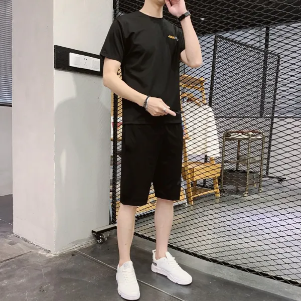 캐주얼 남하 반팔 t 반바지 뉴트렌드 세트 남장 코디 멋스러우며 트렌디한 청년 패션, 블랙