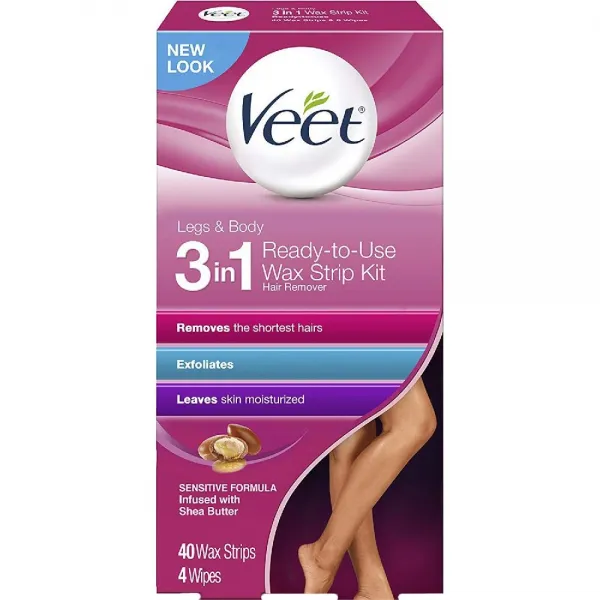 Veet 다리 및 체모 제거 키트 민감한 공식 즉시 사용 가능한 콜드 왁스 시어 버터 & 아카이 향수 40 카운, Pack of 6