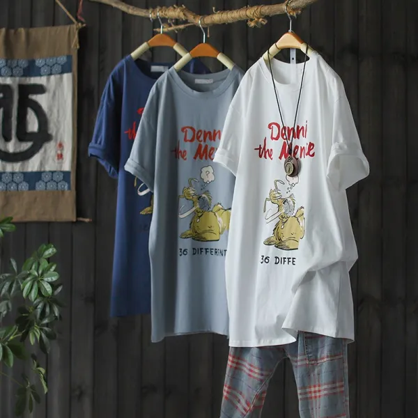 여성 캐릭터 프린트 반팔 티셔츠 서부족 패션 미디움 박시 캐릭터 반팔 순면티 여 여름