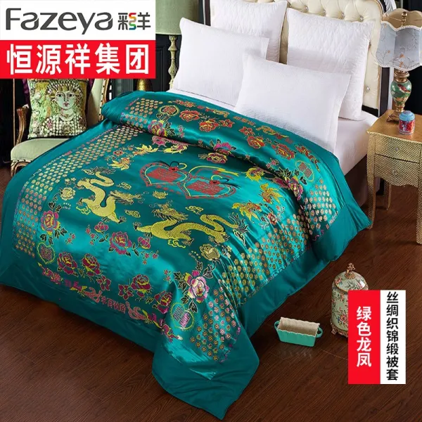 항원상 비단 혼례 이불커버 단품 결혼 이불 겉감 백자 용봉도 희 실크 적록 웨딩, 그린 용과 봉황 새로운 모델